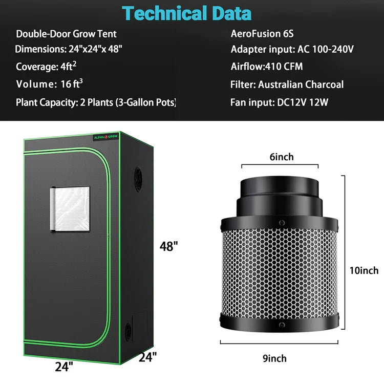 MIMEO Double-Door Grow Tent with AeroFusion 6S Carbon Filter for Indoor Hydroponics Stealth Growing