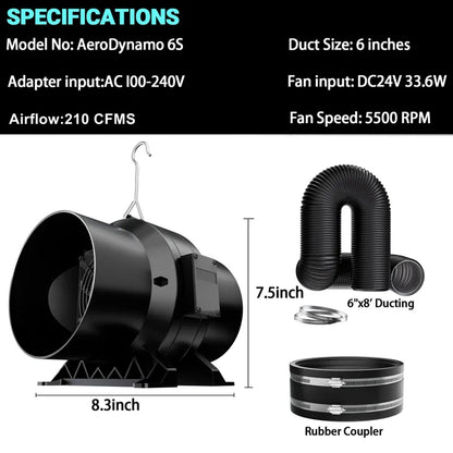 MIMEO AeroDynamo 6S inline fan with 6” ducting, 210 CFM airflow for hydroponics grow tents