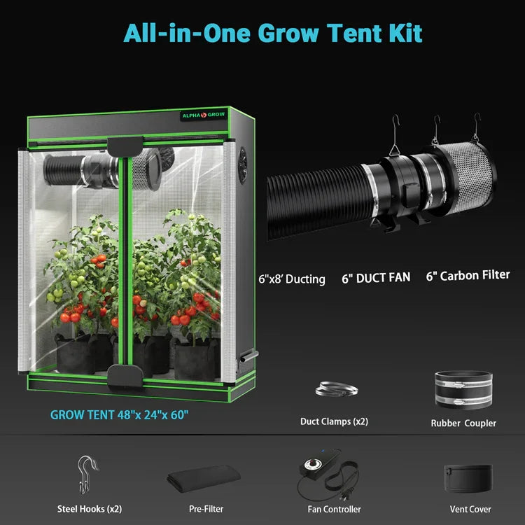 MIMEO All-in-One Grow Tent Kit with LED Grow Light, Inline Fan & Carbon Filter for Indoor Hydroponics