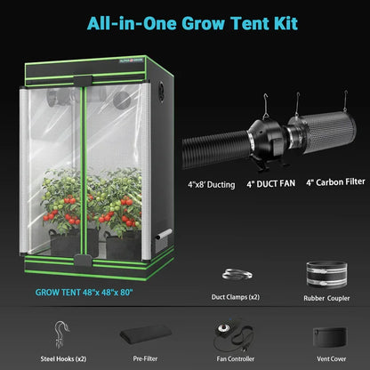 MIMEO All-in-One Grow Tent Kit with LED Light, 4" Duct Fan & Carbon Filter for Indoor Hydroponics