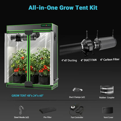 MIMEO All-in-One Grow Tent Kit with LED Light, 4" Duct Fan & Carbon Filter for Indoor Hydroponics