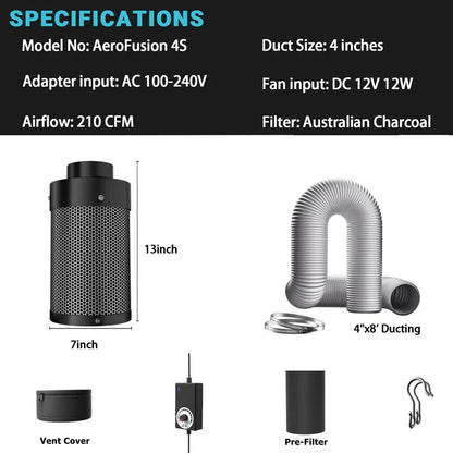 MIMEO AeroFusion 4S carbon filter with 4" ducting, inline fan & pre-filter for stealth indoor hydroponics grow tents