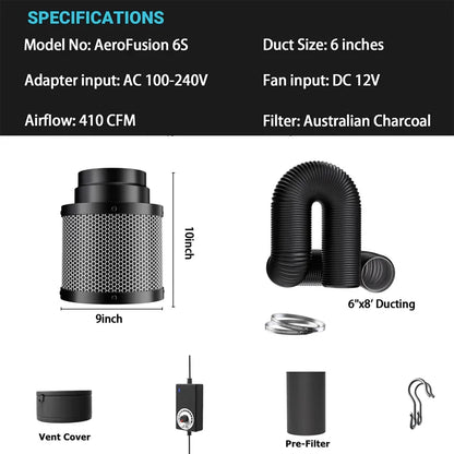 MIMEO AeroFusion 6S carbon filter with 6" ducting, inline fan, and pre-filter for stealth indoor hydroponics grow tents