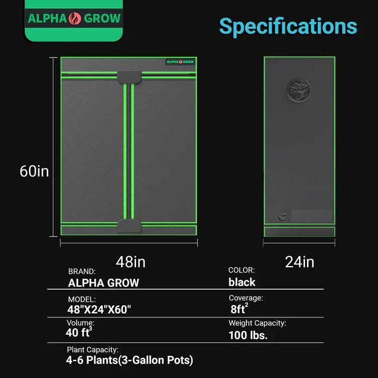 MIMEO Alpha Grow 48x24x60 inch indoor grow tent with LED grow light compatibility, stealth design for hydroponics