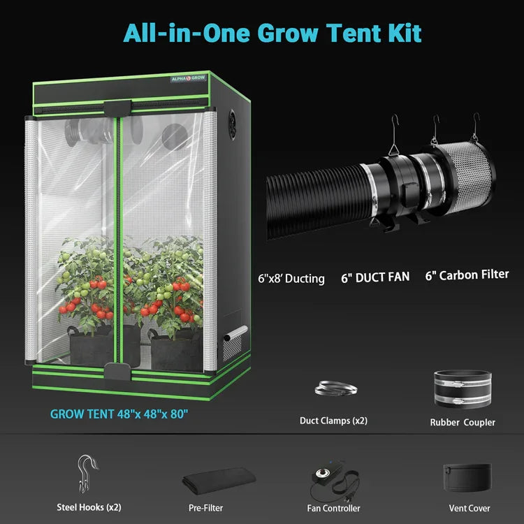 MIMEO All-in-One Grow Tent Kit with LED Light, 6" Duct Fan & Carbon Filter for Indoor Hydroponics