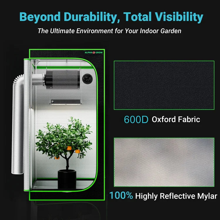 MIMEO Grow Tent with LED Light & Inline Fan – 600D Oxford Fabric, Reflective Mylar for Indoor Hydroponics
