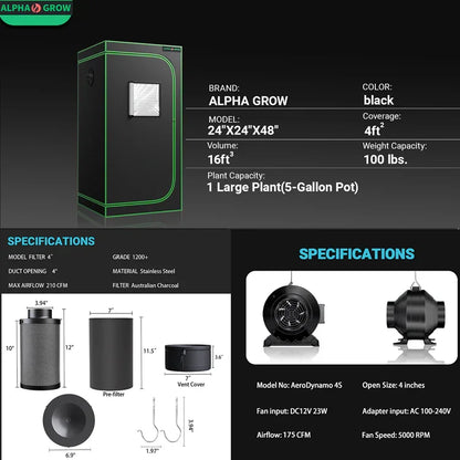 MIMEO Stealth Grow Tent with LED Light, Inline Fan & Carbon Filter – Turnkey Indoor Hydroponics Kit