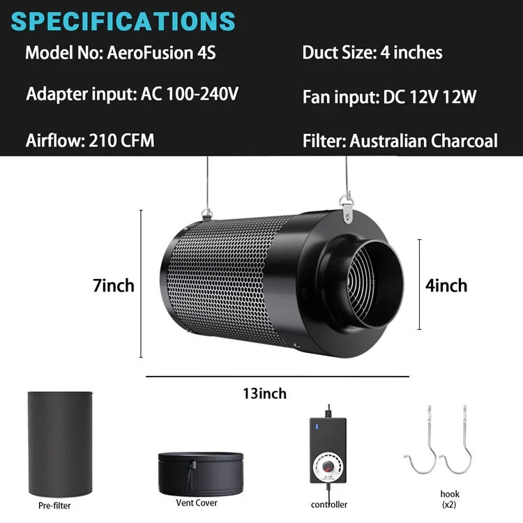 MIMEO AeroFusion 4S inline fan with carbon filter for hydroponics, 210 CFM airflow, 4-inch duct, stealth grow setup