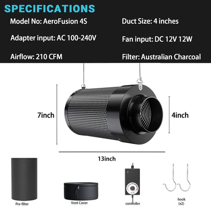 MIMEO AeroFusion 4S inline fan with carbon filter for hydroponics, 210 CFM airflow, 4-inch duct, stealth grow setup