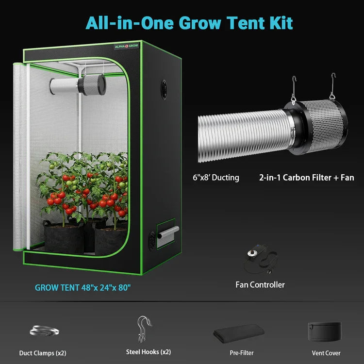 MIMEO All-in-One Grow Tent Kit with LED Light, Carbon Filter & Fan for Indoor Hydroponics