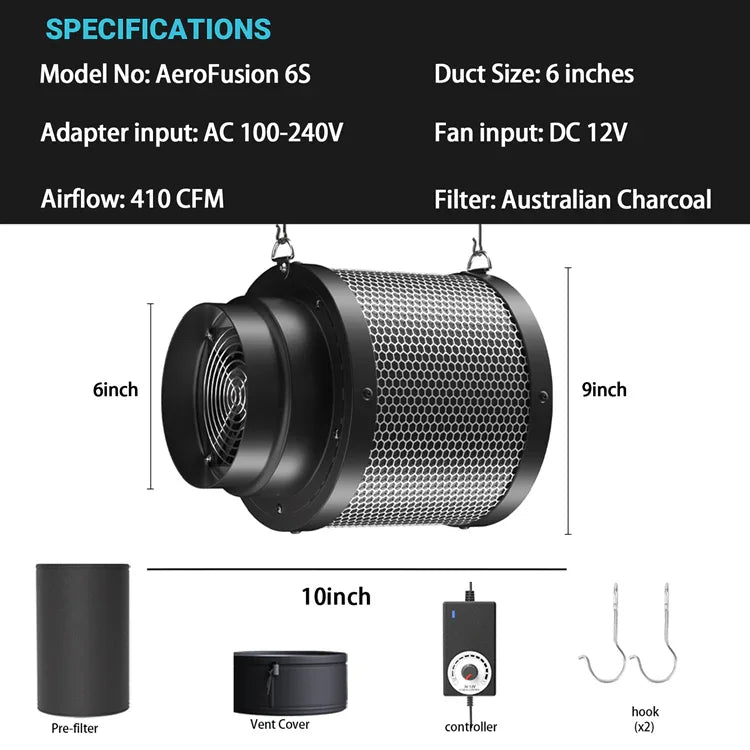 MIMEO AeroFusion 6S inline fan with carbon filter for hydroponics grow tents, 410 CFM airflow