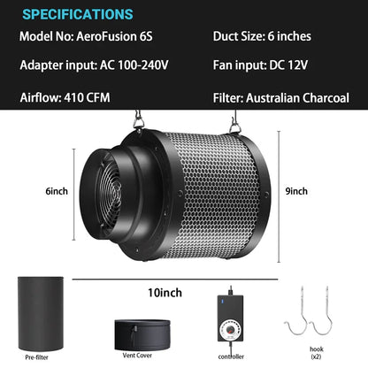 MIMEO AeroFusion 6S inline fan with carbon filter for hydroponics grow tents, 410 CFM airflow