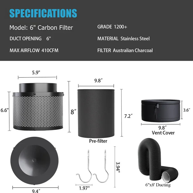 MIMEO 6" Carbon Filter with Pre-filter, Vent Cover & Ducting for Indoor Hydroponics Grow Tents