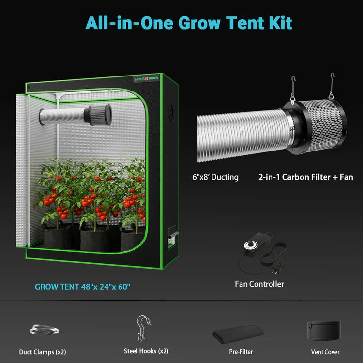 MIMEO All-in-One Grow Tent Kit with LED Light, Carbon Filter & Fan for Indoor Hydroponics