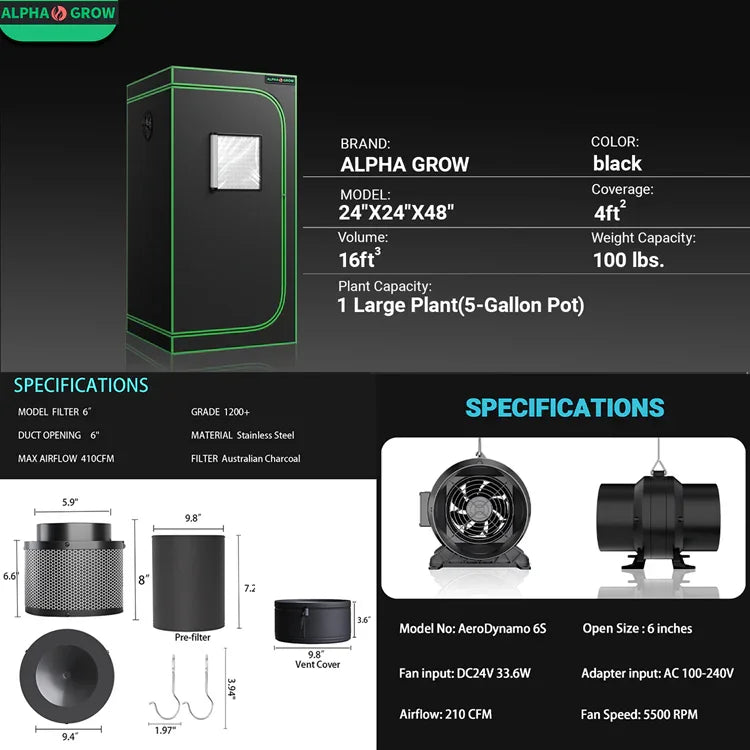 MIMEO indoor grow tent with LED light, inline fan & carbon filter for stealth hydroponics setup