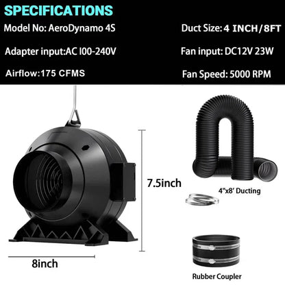 MIMEO AeroDynamo 4S inline fan with 4" ducting for hydroponics grow tents, 175 CFM airflow