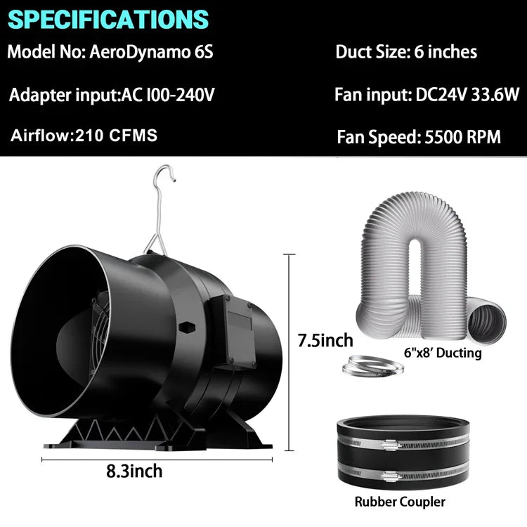 MIMEO AeroDynamo 6S inline fan for hydroponics, 210 CFM, with 6" ducting & rubber coupler – stealth grow tent ventilation