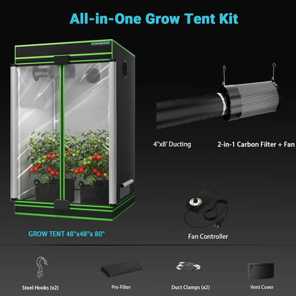 MIMEO All-in-One Grow Tent Kit with LED Light, Carbon Filter & Fan for Indoor Hydroponics