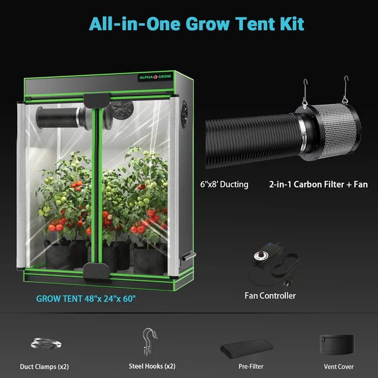 MIMEO All-in-One Grow Tent Kit with LED Light, Carbon Filter & Fan for Indoor Hydroponics