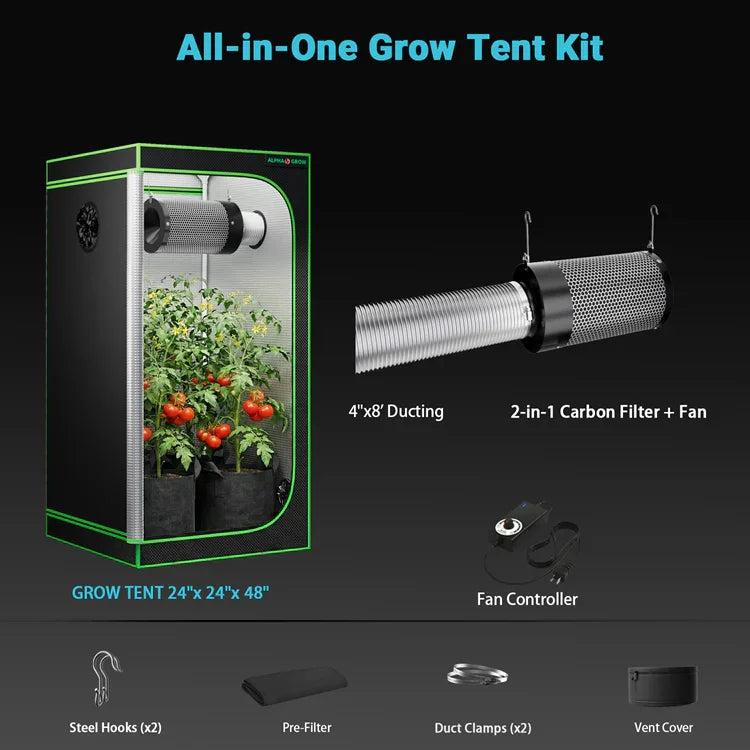 MIMEO All-in-One Grow Tent Kit with LED Light, Carbon Filter & Fan for Indoor Hydroponics
