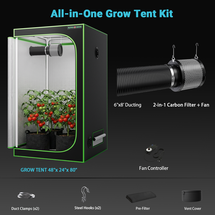 MIMEO All-in-One Grow Tent Kit with LED lighting, carbon filter, fan, ducting, and controller for indoor gardening setups