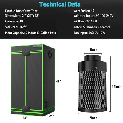 MIMEO Double-Door Grow Tent with AeroFusion 4S Carbon Filter for Indoor Hydroponics Stealth Growing