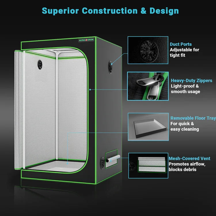 MIMEO Grow Tent with heavy-duty zippers, mesh-covered vents, and removable floor tray for indoor hydroponics