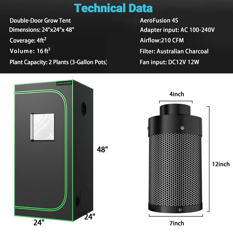 MIMEO Double-Door Grow Tent with AeroFusion 4S Carbon Filter for Indoor Hydroponics Stealth Growing
