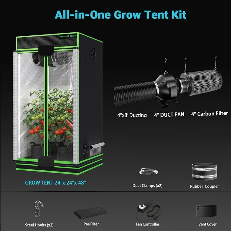MIMEO All-in-One Grow Tent Kit with LED Light, 4" Duct Fan & Carbon Filter for Indoor Hydroponics