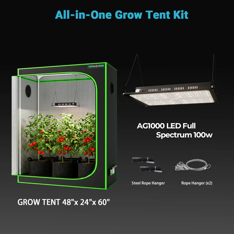 MIMEO All-in-One Grow Tent Kit with AG1000 LED Light, 48x24x60” Stealth Indoor Hydroponics Setup