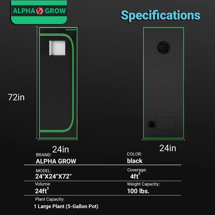 MIMEO Alpha Grow 24"x24"x72" indoor grow tent with LED light, carbon filter & inline fan specs for stealth hydroponics