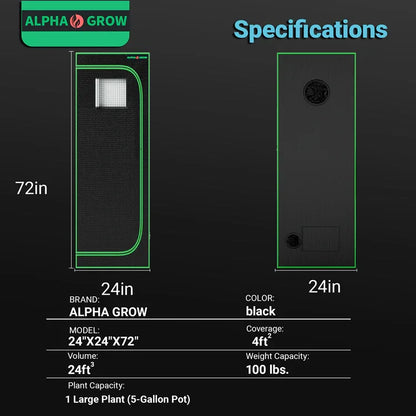 MIMEO Alpha Grow 24"x24"x72" indoor grow tent with LED light, carbon filter & inline fan specs for stealth hydroponics