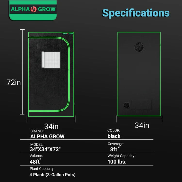 ALPHA GROW 34"x34"x72" indoor grow tent for stealth hydroponics, fits 4 plants, 8ft² coverage
