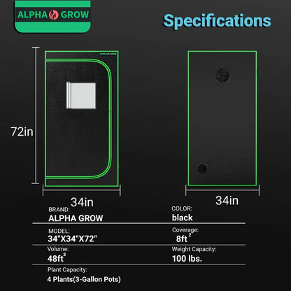 ALPHA GROW 34"x34"x72" indoor grow tent for stealth hydroponics, fits 4 plants, 8ft² coverage