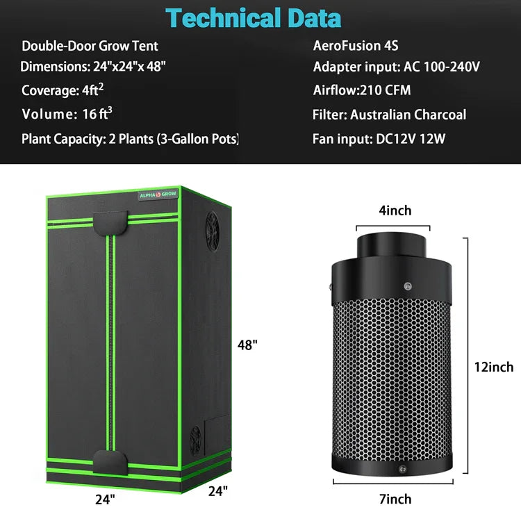 MIMEO Double-Door Grow Tent with AeroFusion 4S Carbon Filter for Indoor Hydroponics Stealth Growing