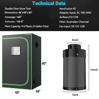 MIMEO Double-Door Grow Tent with AeroFusion 4S Carbon Filter for Indoor Hydroponics Stealth Growing