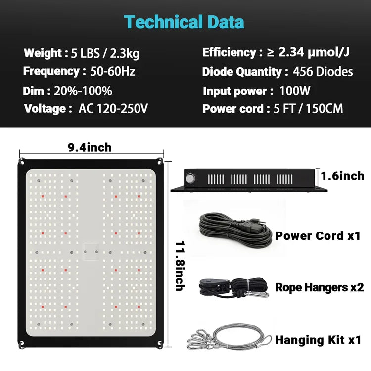 MIMEO LED Grow Light with 456 diodes, 100W, dimmable, includes hanging kit & power cord for indoor hydroponics
