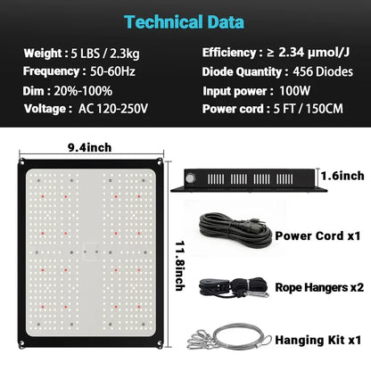 MIMEO LED Grow Light with 456 diodes, 100W, dimmable, includes hanging kit & power cord for indoor hydroponics